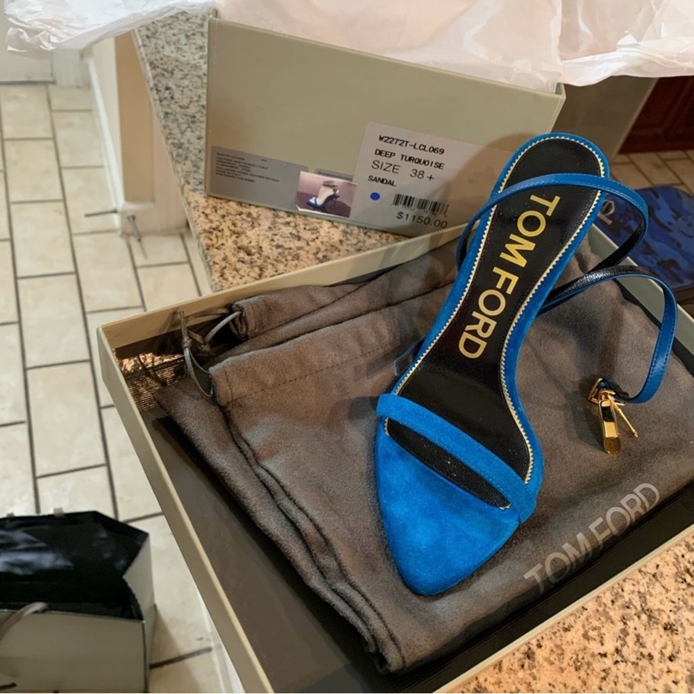 Tom Ford Deep Turquoise Suede Open-Toe Heels - Picture 2 of 4